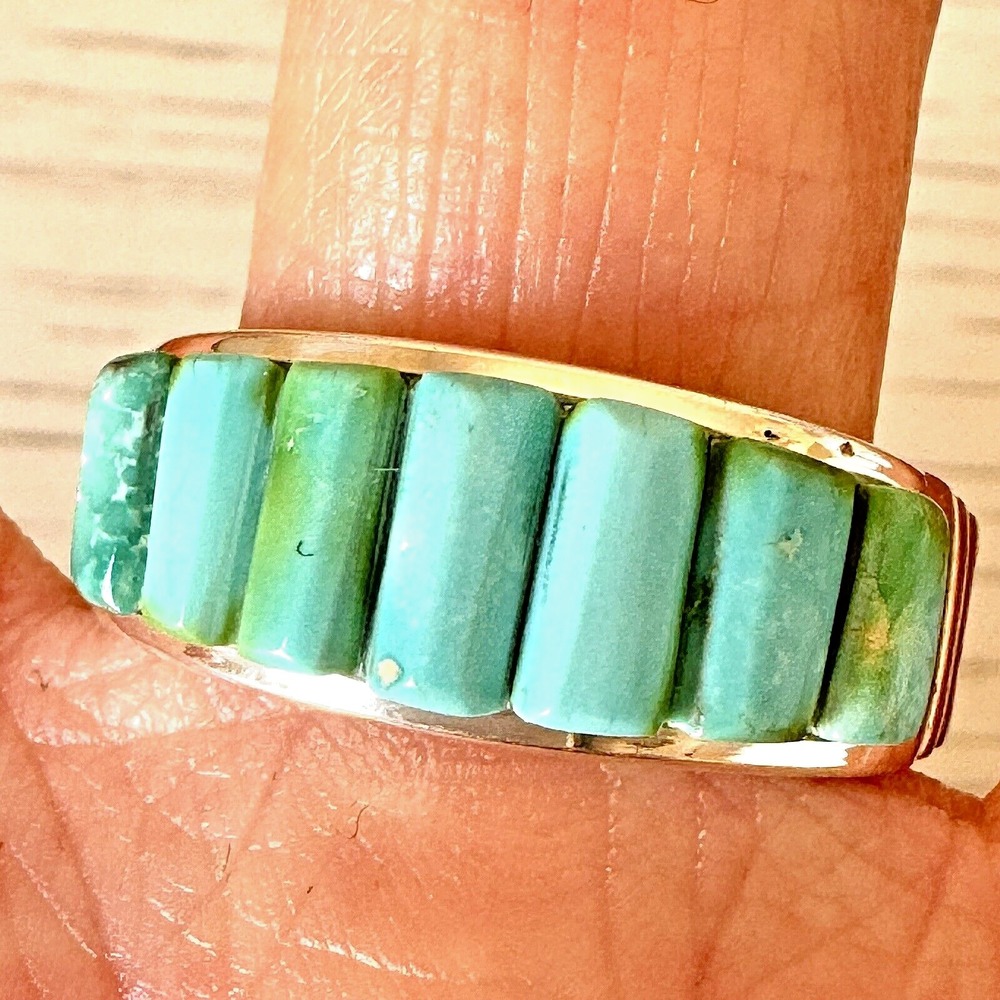 Navajo Turquoise Wedding Band Mens Ring Sz 11 10mm Signed Rick T Corn Inlay